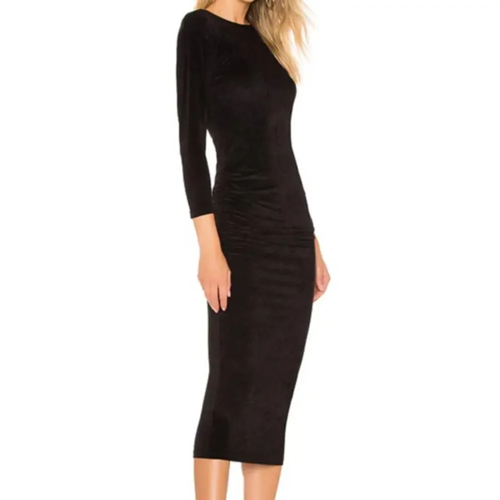 James Perse Los Angeles NWOT Black Fitted Low Back Velvet Ruched Midi Dress - Picture 2 of 11